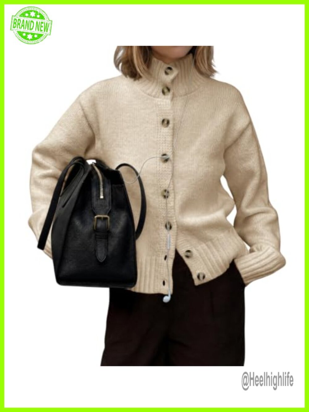 Mock Neck Button Up Knit Cardigan Sweater Polyester Acrylic Blend